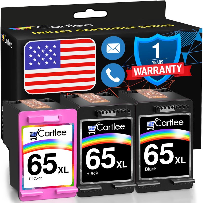 Cartlee Remanufactured Ink Cartridge Replacement for HP 65XL 65 XL for DeskJet 2600 2622 2635 2652 2655 3700 3720 3722 3752 3755 Envy 5000 5052 5055 AMP 100 Printer Series Black and Color Combo 3 Pack - Image 1